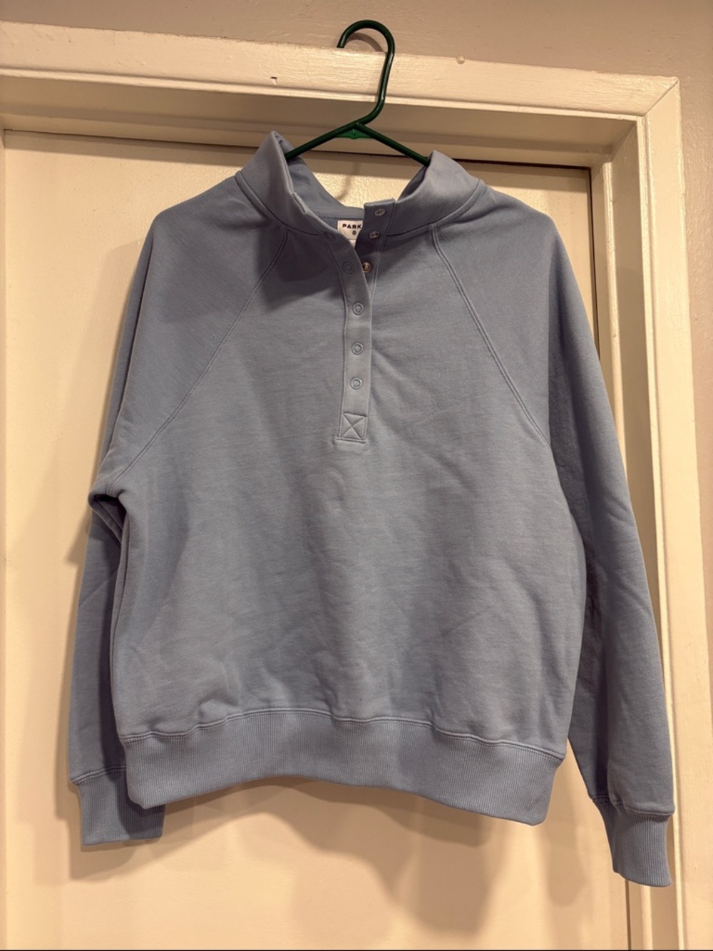 Parke x Target snap mockneck popover sweatshirt light blue